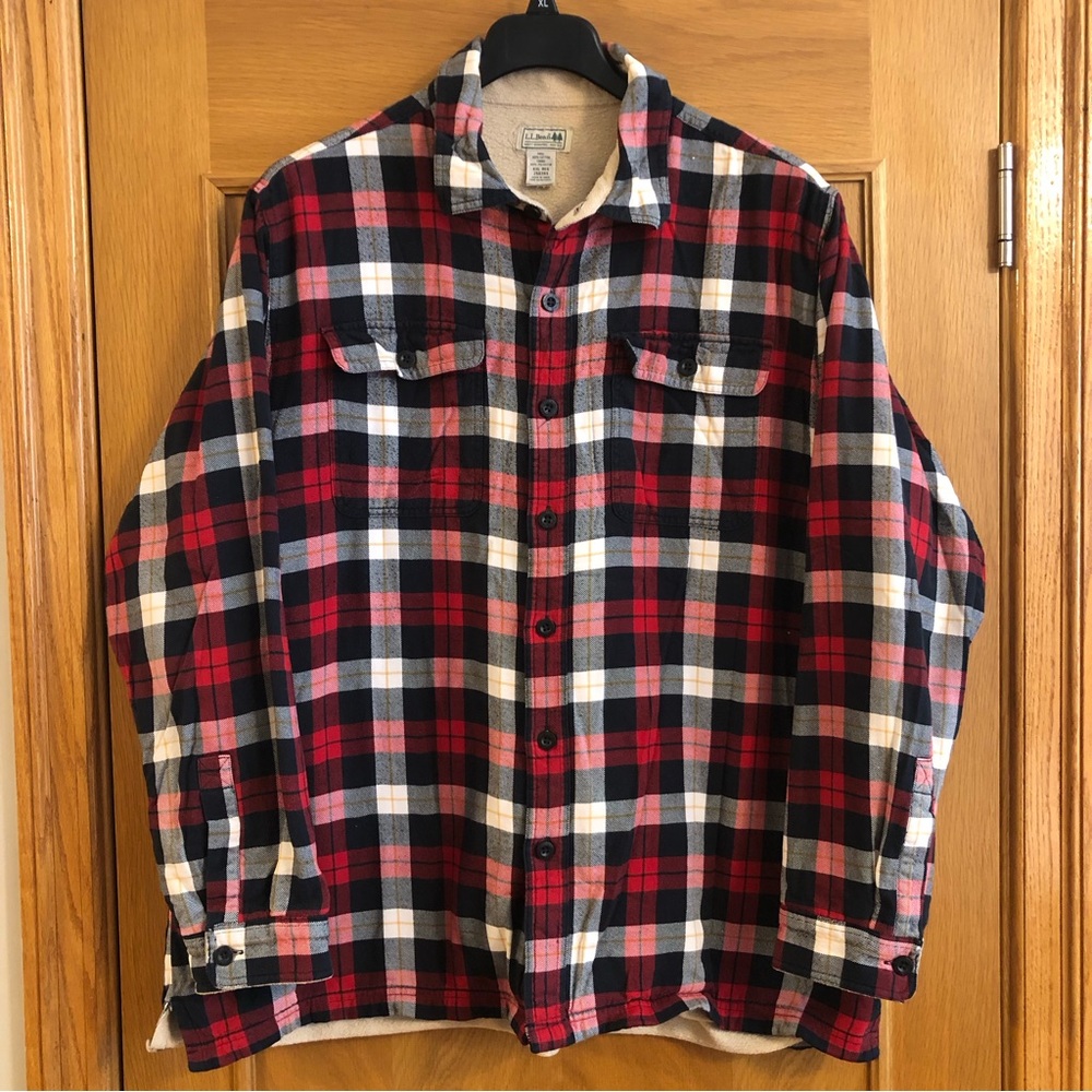 L.L. Bean Red Black Plaid Fleece Lined Flannel Shirt Jacket Size XXL